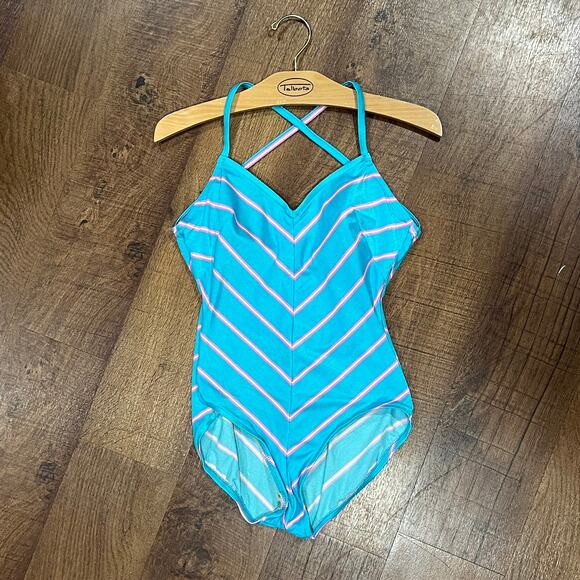 Vintage Chevron Striped One Piece Swimsuit Turquoise Pink Size 12 - Picture 1 of 7